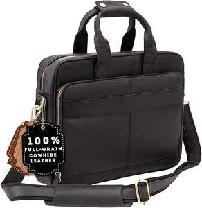 Maletín para ordenador portátil de piel auténtica con logotipo personalizado para hombre y mujer, bolso de viaje de oficina negro al por mayor, elegante bandolera para ordenador - Product Image 1