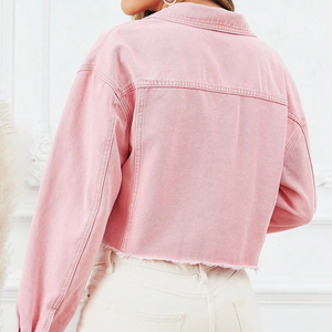เสื้อแจ็คเก็ตยีนส์สีชมพูแขนยาวสำหรับผู้หญิง ผ้าฝ้าย 100% ระบายอากาศได้ดี เป็นมิตรกับสิ่งแวดล้อม สไตล์ลำลอง แฟชั่นเข้าได้กับทุกชุด สำหรับสาวๆ - Product Image 6