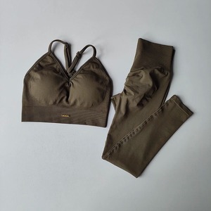 Conjunto de Fitness ajustado de cintura alta sin costuras para mujer, sujetador con cuello en V, mallas transpirables de nailon 100%, masaje de hierro frontal, ejercicio de secado rápido - Product Image 5