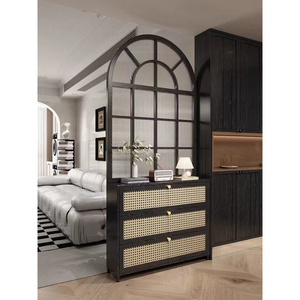 Meuble d'entrée vintage français abstrait en bois massif, écran de porte d'entrée, cloison en verre cannelé, armoire de rangement pour salon - Product Image 1