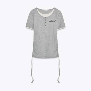 เสื้อยืดผ้าฝ้าย95% 5% ผ้าสแปนเด็กซ์ธรรมดาทรงพอดีตัวคอวีเข้ารูปพิมพ์โลโก้ได้ตามต้องการแฟชั่นผู้หญิงคุณภาพสูง - Product Image 1