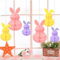 Décorations suspendues en nid d'abeille pour Pâques, 6 pièces, boules en nid d'abeille 3D en forme de lapin, rose pastel et violet, pour la décoration du plafond de la fête de Pâques