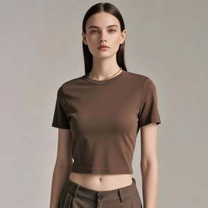 Conception de sérigraphie personnalisée col rond col montant Slim Fit Crop Top T Shirt grande taille vierge couleur unie Sexy femmes T-Shirt - Product Image 4