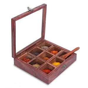 Boîte à épices en bois carrée faite à la main en bois massif fini naturel avec 9 conteneurs Herb & Spice Tools Wholesale. - Product Image 4