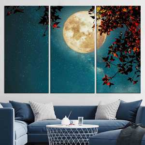 ผ้าใบพิมพ์ลาย: พระจันทร์เหนือต้นไม้, ศิลปะติดผนังพระจันทร์เต็มดวง, วิวท้องฟ้าเต็มไปด้วยดวงดาว, ชุดผ้าใบ 3 ชิ้น - Product Image 1