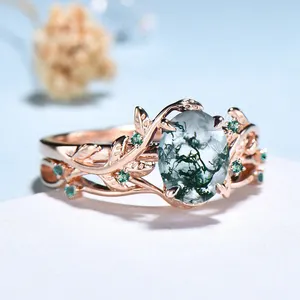 Jewelry 925 Sterling Silver Moss Agate Minimalist 14k 18k Gold Plated Green Moss Agate Leaf Engagement Ring