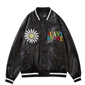 Veste de baseball unisexe en cuir véritable, style universitaire, broderie de marguerites, patchwork de lettres, streetwear hip-hop, couples, tissu en toile - Product Image 1