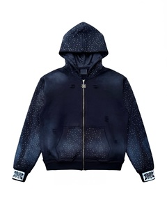 Sudadera con capucha personalizada con cremallera completa y pedrería, estilo vintage, de peso pesado, azul desgastado, con lavado ácido, estilo Y2K, ropa urbana. - Product Image 1
