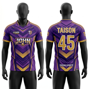 Mens <b>Cricket</b> Jersey 180 GSM Breathable Polyester Mesh Fabric Purple Gold Contrast Side Panels Sublimated Custom Logo Team Wear - Product Image 1
