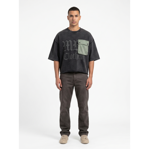 OEM Custom 420GSM Heavyweight French Terry Acid Wash Oversized Boxy Men's T-Shirt with Detachable Sling <b>Bag</b> Pocket <b>Puff</b> Print - Product Image 1
