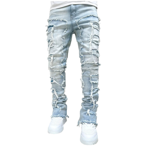 <b>Men</b> Regular <b>Fit</b> Stacked High Waist <b>Slim</b> <b>Fit</b> Patch Distressed Destroyed Straight Canvas High Street Hip Hop Trouser - Product Image 2