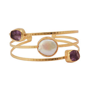 Bracelet à triple bande fait à la main de style bohème Labradorite en plaqué or avec pierres précieuses texturées Bracelet cadeau avec diamant en argent - Product Image 2