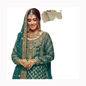 Tenue de soirée de style pakistanais de créateur Sharara Gharara Robe de travail à broderie lourde Dupatta Salwar Kameez en soie et coton bas - Product Image 3