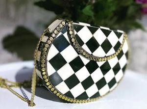 Luxury Crafts Handmade Boho Ethnic Evening Clutch Bag <b>Red</b> & White Square Mosaic Pattern Fashion Style with Chain Strap Tassel - Product Image 4