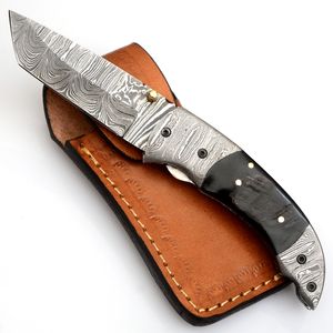 Couteau pliant fait main en acier damas personnalisé Poche en cuir fin Bouton poussoir Style manche en bois Support OEM pour projets de bricolage - Product Image 1