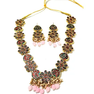 Ensemble de collier en cuivre Meenakari Kundan rose et doré vintage de luxe pour mariages et bijoux fins plaqué or - Product Image 4