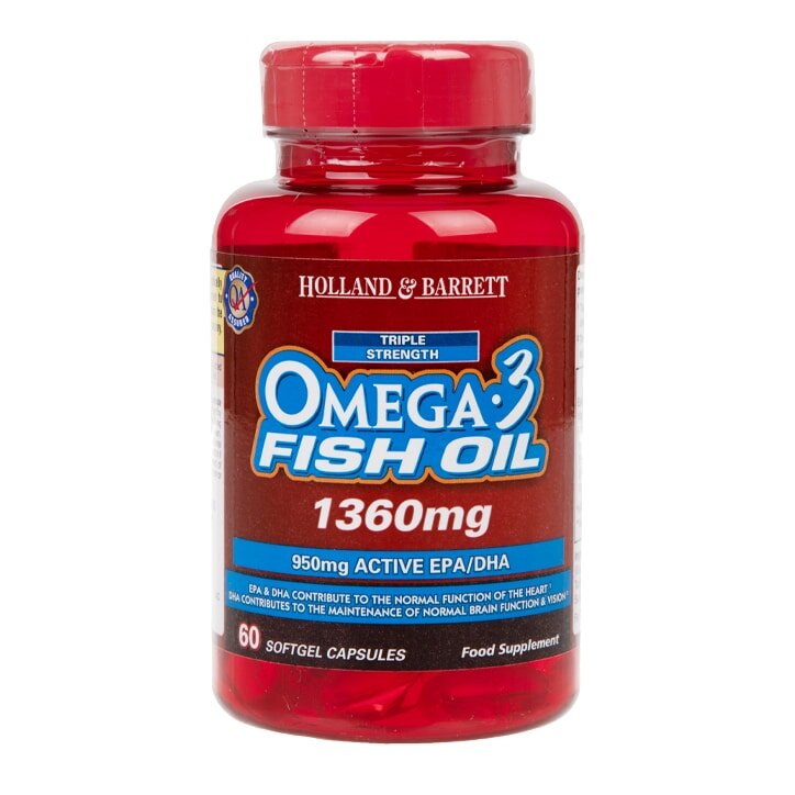 Масло рыбы Holland & Barrett - Omega 3 тройной прочности, 60 капсул, 1360 мг