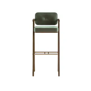 Modern Design Bar Stool Solid Teak Wood With Fabric and Polished Brass