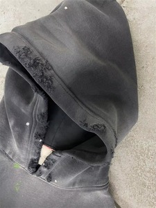 Oversize Cropped in Splatter <b>Black</b> Dye Vintage Wash Hoodie Unisex Fit Drop Double Layers Hood <b>Fleece</b> Hoodie Outdoor Use - Product Image 6