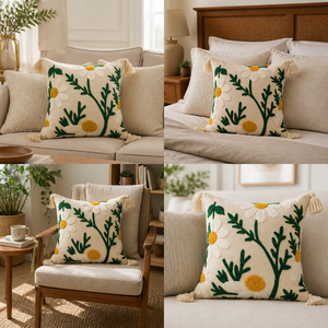 Coussin décoratif brodé à la main en coton avec motif floral, insert inclus, motif marguerite blanche avec pompons pour salon - Product Image 3