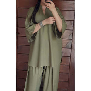 Modest Olive Green V-neck Three Quarter Sleeve Woven Fabric Shalwar Kameez <b>Suit</b> for Women - Product Image 2