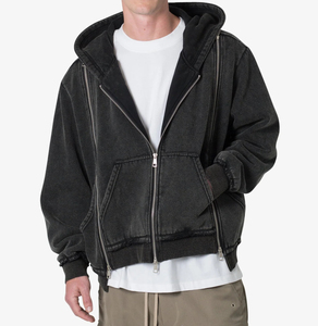 Sweats à capuche en coton éponge français lavés à l'acide personnalisés pour hommes conception de fermeture éclair vintage de haute qualité à 3 gouttes pour l'hiver - Product Image 6