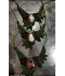 Amethyst Macrame <b>Necklace</b> Horn Shape Colorful Thread Oval Gemstone Boho Rope Handmade <b>Statement</b> Jewelry - Product Image 3