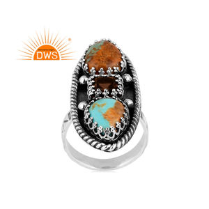 Anillo de declaración de piedras preciosas turquesas Kingman y cuarzo ahumado de plata esterlina oxidada de la mejor calidad, joyería personalizada para mujer - Product Image 1