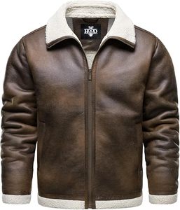 Chaqueta Vintage Desgastada, Chaqueta Bomber de Cuero Sintético con Forro de Borrego Sintético, Abrigo de Motociclista para Hombre - Product Image 5