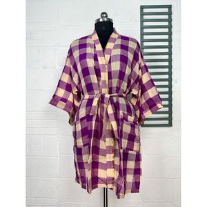 Vintage Boho Summer Open Jacket Recycled Pure Cotton Tie-Dye Woven Style Print Beige Purple Check for <b>Beach</b> Coverup House <b>Robe</b> - Product Image 1