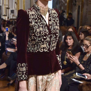 NEW---DAZZLING PARTY-WEAR JACKET ON VELVET FABRIC WITH EMBELLISH OF CRYSTAL BEADS, RESHAM,GLASS STONE WORK @ 2022 - Product Image 1