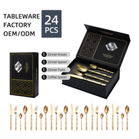 Nouvel arrivage : Ensemble de couverts minimalistes en acier inoxydable doré poli miroir, 24 pièces, durable, avec logo personnalisé et coffret cadeau