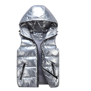 Chaleco acolchado brillante sin mangas de invierno, chaqueta con logotipo personalizado, chalecos impermeables de burbujas brillantes para hombre con capucha - Product Image 2