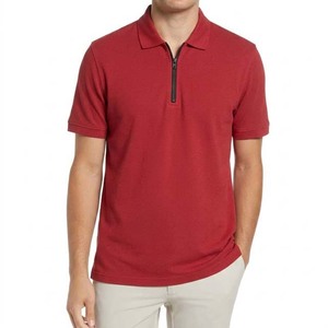 Men's Red Short Sleeve Knitted Polo <b>Shirt</b> With Zipper <b>Collar</b> Casual Solid Color Style - Product Image 1