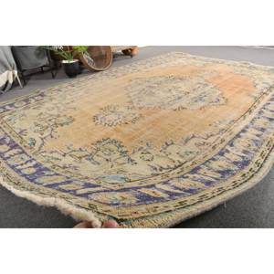Vintage 6 X 9 ft Turkish Wool <b>Rug</b> in Beige Blue Handmade <b>Boho</b> Patchwork Design for Bedside Rectangle Hallway Shape Latex Backing - Product Image 5