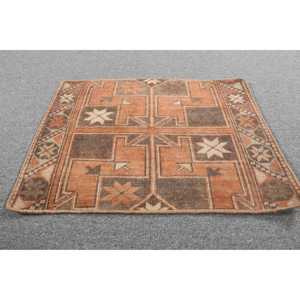 Vintage Turkish Rug 1.7x2.2 ft (51x66 cm), <b>Brown</b> Floral <b>Wool</b> Rug - Product Image 3