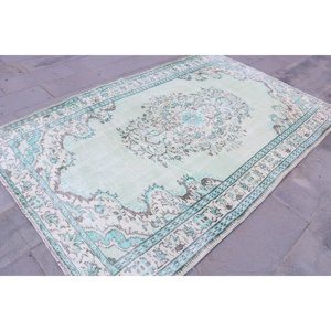 พรมวินเทจขนาด 5.5x9.1 ฟุต พรมตุรกีขนาดใหญ่ พรมขนสัตว์สีน้ำเงินลายอิคัต - Product Image 3