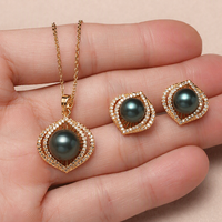 Set Perhiasan Mutiara Bentuk Mata Kalung dan Anting Stud 10mm 8mm Zirkon Mikro Hadiah Wanita JadeRitual