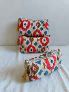 Set Of 3 Cotton <b>Quilted</b> Makeup Bag & Organizer Cotton Toiletry Case Travel Bag Ikat Print Makeup Bag Toiletries Organizer Bag - Product Image 3