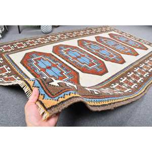 พรมปูพื้นขนแกะสไตล์วินเทจขนาด4.7x7.8ฟุตสีน้ำตาลน้ำเงินสไตล์โบฮีเมียนผ้าทอเย็บปะติดปะต่อกันเรียบสำหรับตกแต่งห้องนั่งเล่น - Product Image 4