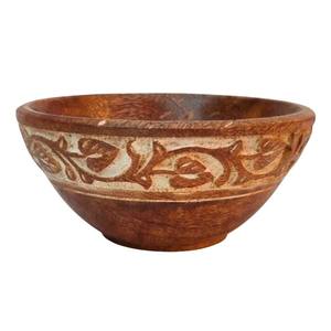 Bol de service en bois de manguier artisanal avec motif de feuille sculptée blanc antique, ustensiles de cuisine écologiques pour la maison, fournisseur d'hôtel - Product Image 4