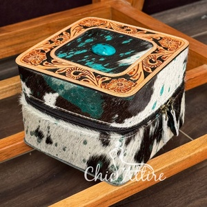 Handcrafted Cowhide Leather Square Zipper Jewelry Case with Hand Tooled Lid Turquoise Stone & Compartments for Rings & Earrings - Product Image 1