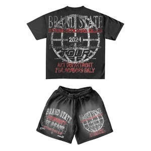 Lavage à l'acide sérigraphié personnalisé saison d'été décontracté deux pièces short et t-shirt ensemble sérigraphie surdimensionné hommes ensembles courts - Product Image 6