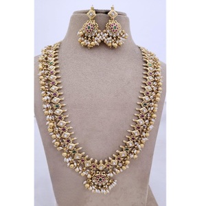 Classic High Quality Stone Look Gold Plated <b>Long</b> <b>Necklace</b> Set With Earrings For Wedding Wear Collection For Women - Product Image 1