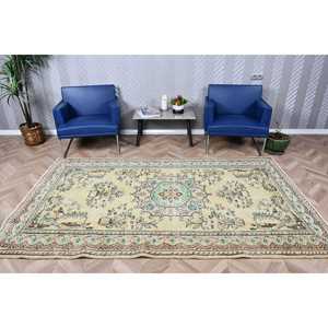 Turkish Rug, 5.1x8.6 ft Large Rug, <b>Yellow</b> Bordered <b>Wool</b> Vintage Rug - Product Image 1