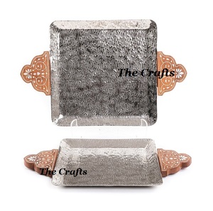 Bestest Design Stainless Steel Serving Tray With Wooden And Mother Of Pearl <b>Handles</b> Chocolate Tray Set Of Two - Product Image 1