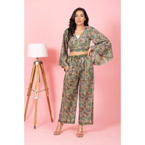 Lady's New Style 2-Piece Set Breathable Printed Chiffon Bell Sleeves <b>Top</b> Pajama Flare Sleeve Dress Knotted Silk Palazzo Women - Product Image 1