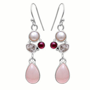 100% naturel Rose quartz poire perle herkimer diamant pierre précieuse 925 argent Designer Dangle 4.6 cm boucle d'oreille 7.66 gms bijoux - Product Image 1