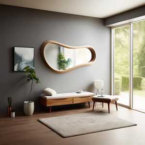 Miroir de courtoisie artisanal écologique léger de style Art Déco, design ondulé asymétrique irrégulier, cadre en bois de noyer véritable - Product Image 1