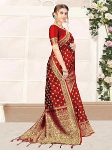Sari décontracté en soie Banarasi pour femmes Trendmalls avec pièce de chemisier non cousue (S11-Rouge) pour les occasions de mariage, coupe régulière - Product Image 3